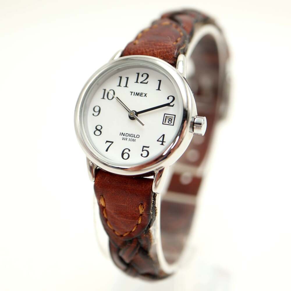 Timex Indiglo Silver Tone 25mm Womens Watch Date Brown Leather Braid New Battery